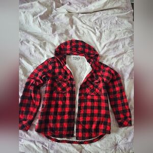 BOSTON TRADERS Flannel plush interior warm jacket coat sweater button up w/ hood